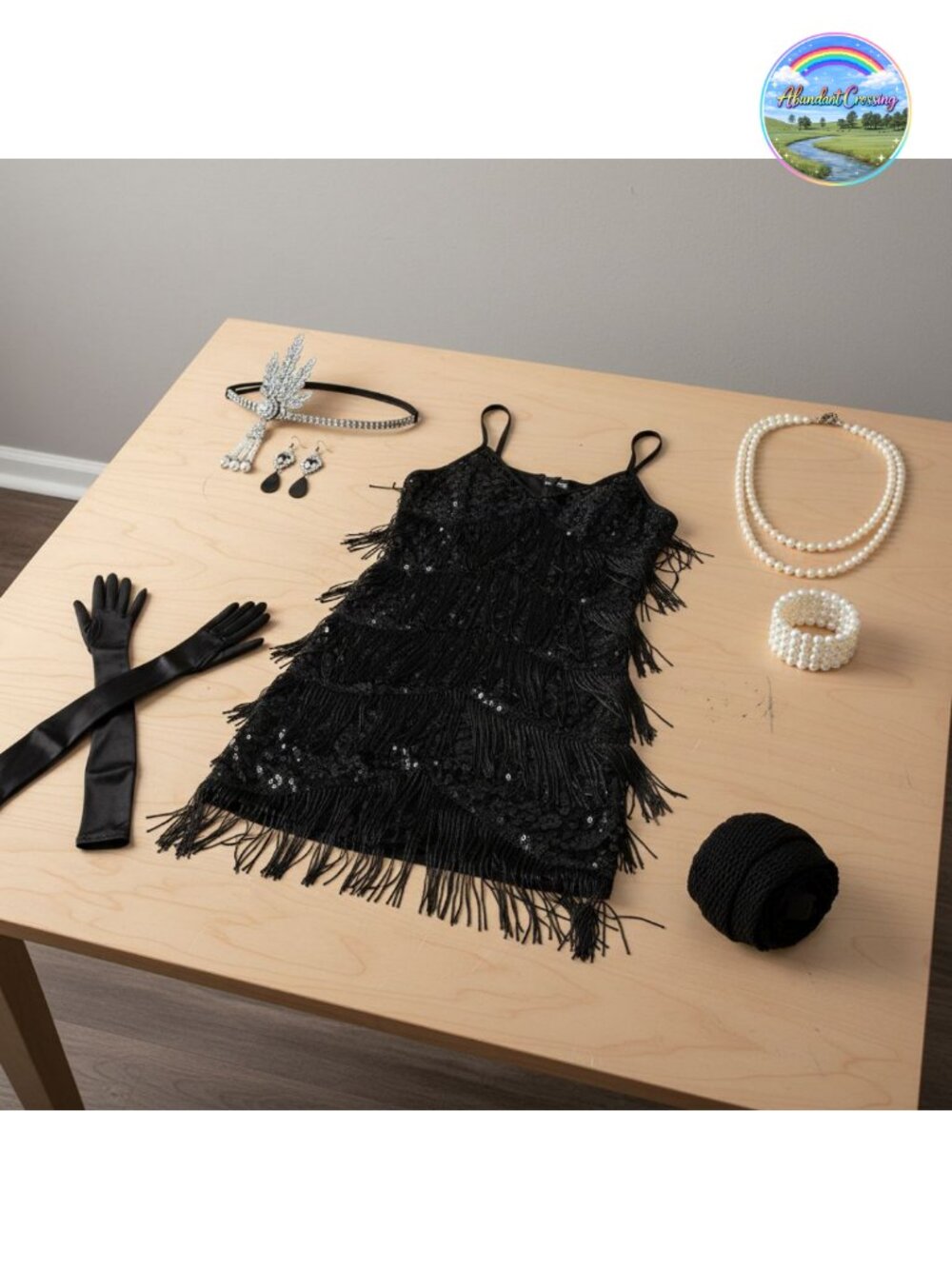 1920s Sequin Fringed Flapper Dress Set with Accessories Costume